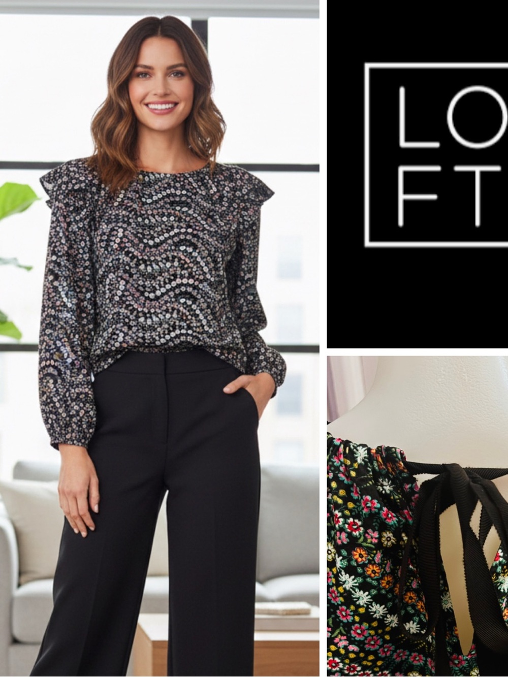 LOFT Black Floral Ruffle-Shoulder Blouse